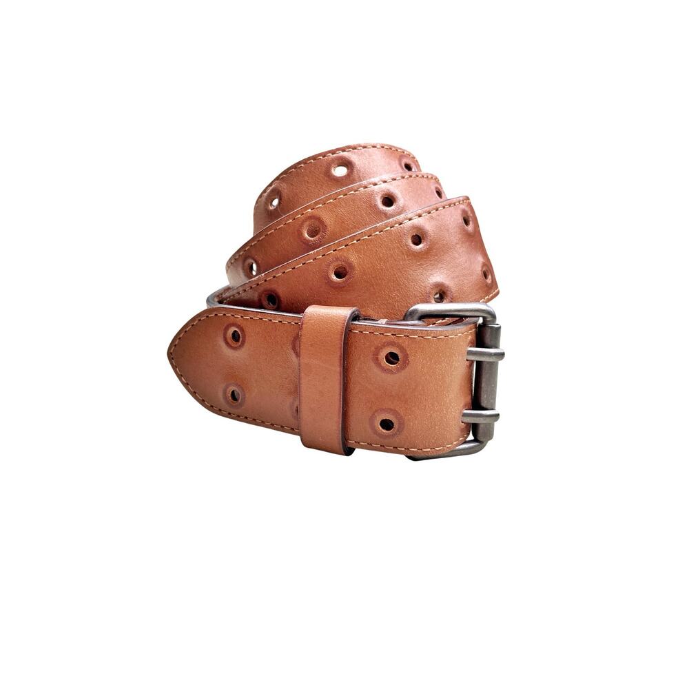 AllSaints Sturge Cognac Leather Wide Eyelet Grommet Belt Double Prong Punk Biker